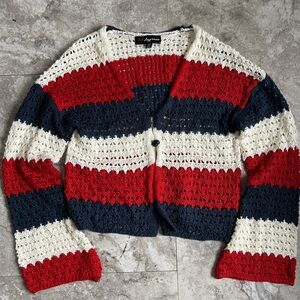 Women's Americana Crochet Red White & Blue Bell Sleeve Graphic Cardigan XS